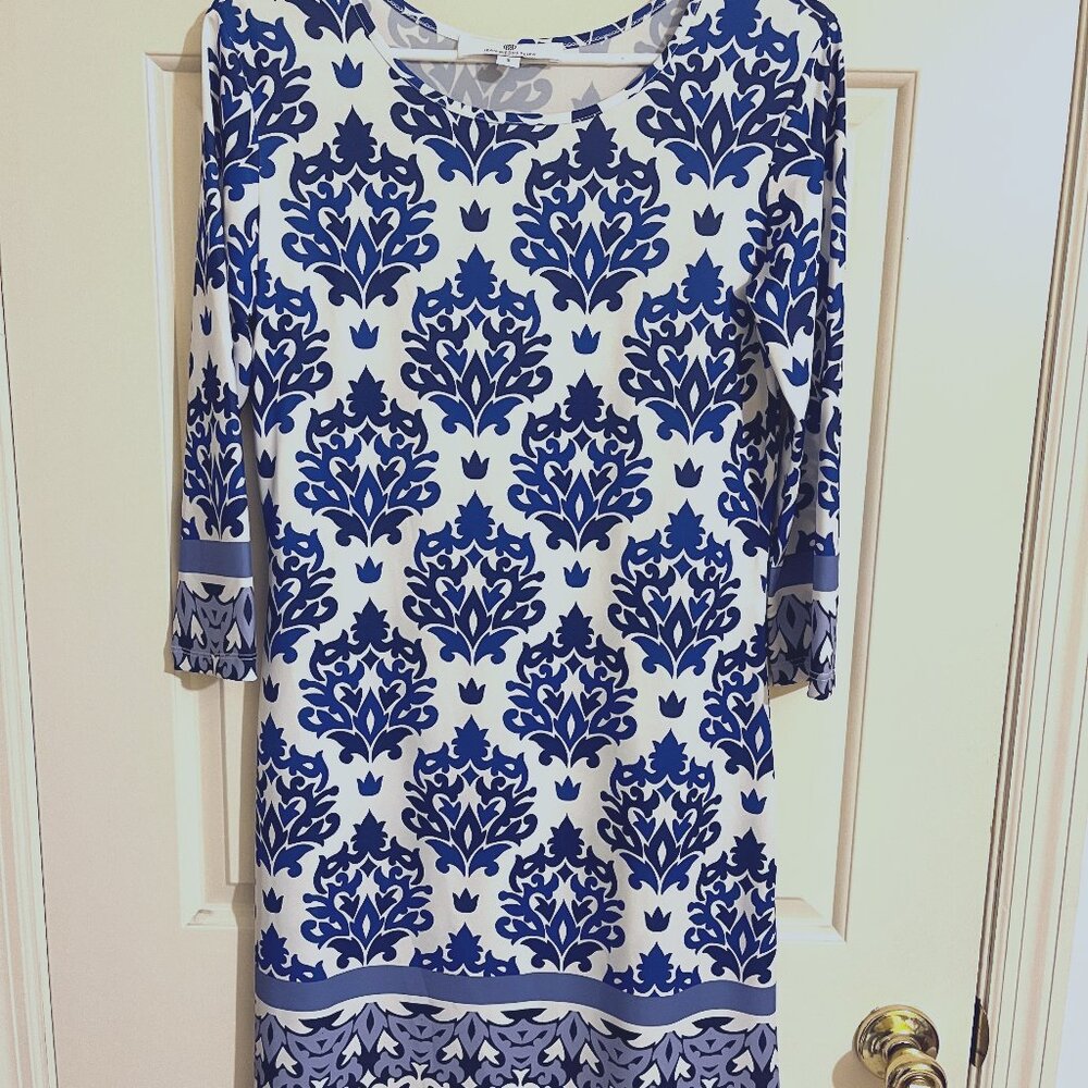 Jean Pierre Klifa Paris Dress White and Blue Patterned Size Small